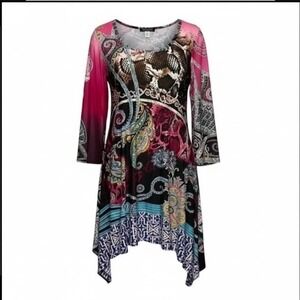 Urban Mango Womens Small Paisley Snakeskin Handkerchief Hem Tunic Top Pink Black